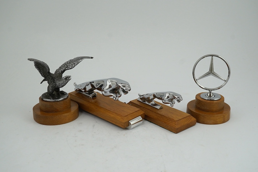 Four car mascots including; a 1920s Alvis eagle mascot designed by Charles Paillet, a Mercedes-Benz mascot, and two Jaguar mascots of different sizes, all mounted on oak bases. Condition - fair to good